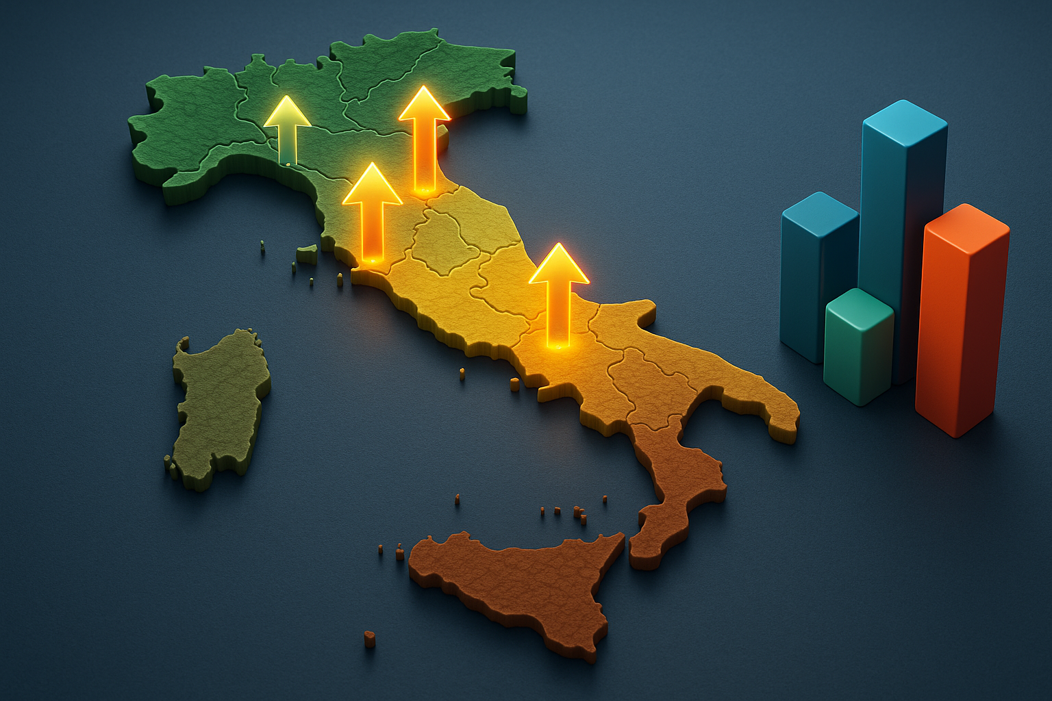 Mappa fotorealistica dell’Italia con frecce luminose verso l’alto su Bologna, Milano, Napoli e Torino e barre colorate che simboleggiano la crescita del mercato immobiliare, senza parole né cifre.