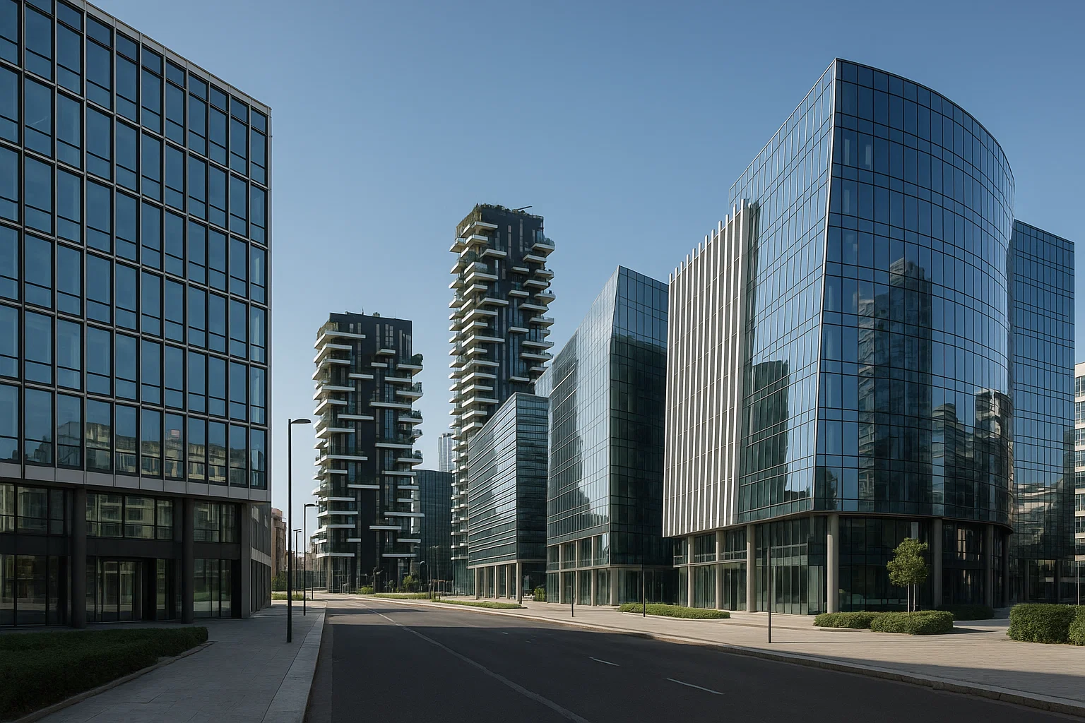 Moderno quartiere direzionale a Milano con edifici per uffici e centri commerciali