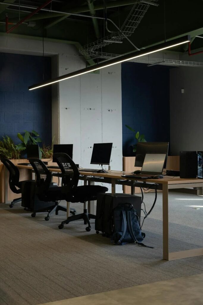 Progettato per la produttività, questo ufficio elegante offre computer performanti, sedie ergonomiche e illuminazione soft. Toni scuri e piante creano un ambiente sobrio ed equilibrato.