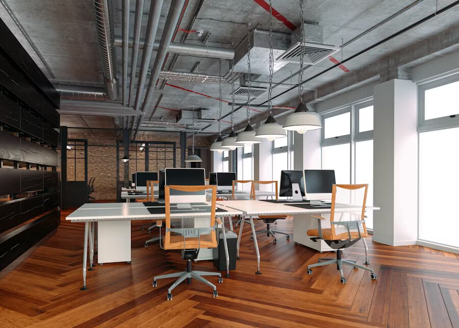 L'illusione del Leasing: Cosa Stai Veramente Pagando nel Mercato degli Uffici in Italia 1 Open space con soffitto industriale, pavimento in legno, sedie ergonomiche e ampie finestre che lasciano entrare luce naturale